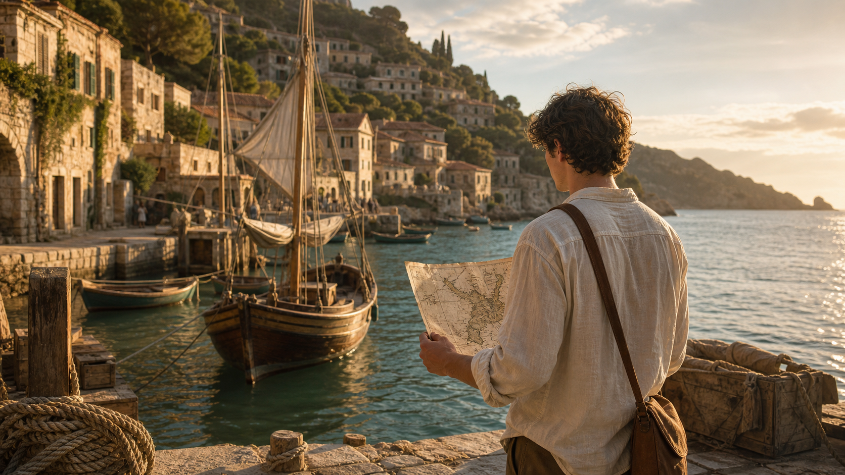 The harbor, map and sailboat give visual context to the words in the story.