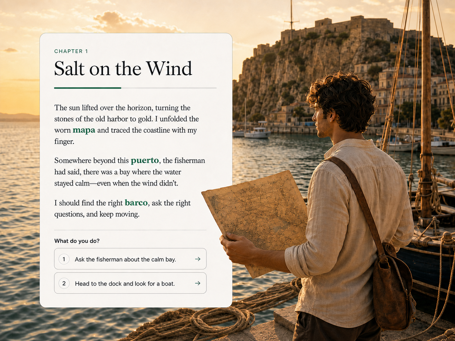 Salt on the Wind story page layered into a Mediterranean harbor scene, with a traveler’s map overlapping the page.