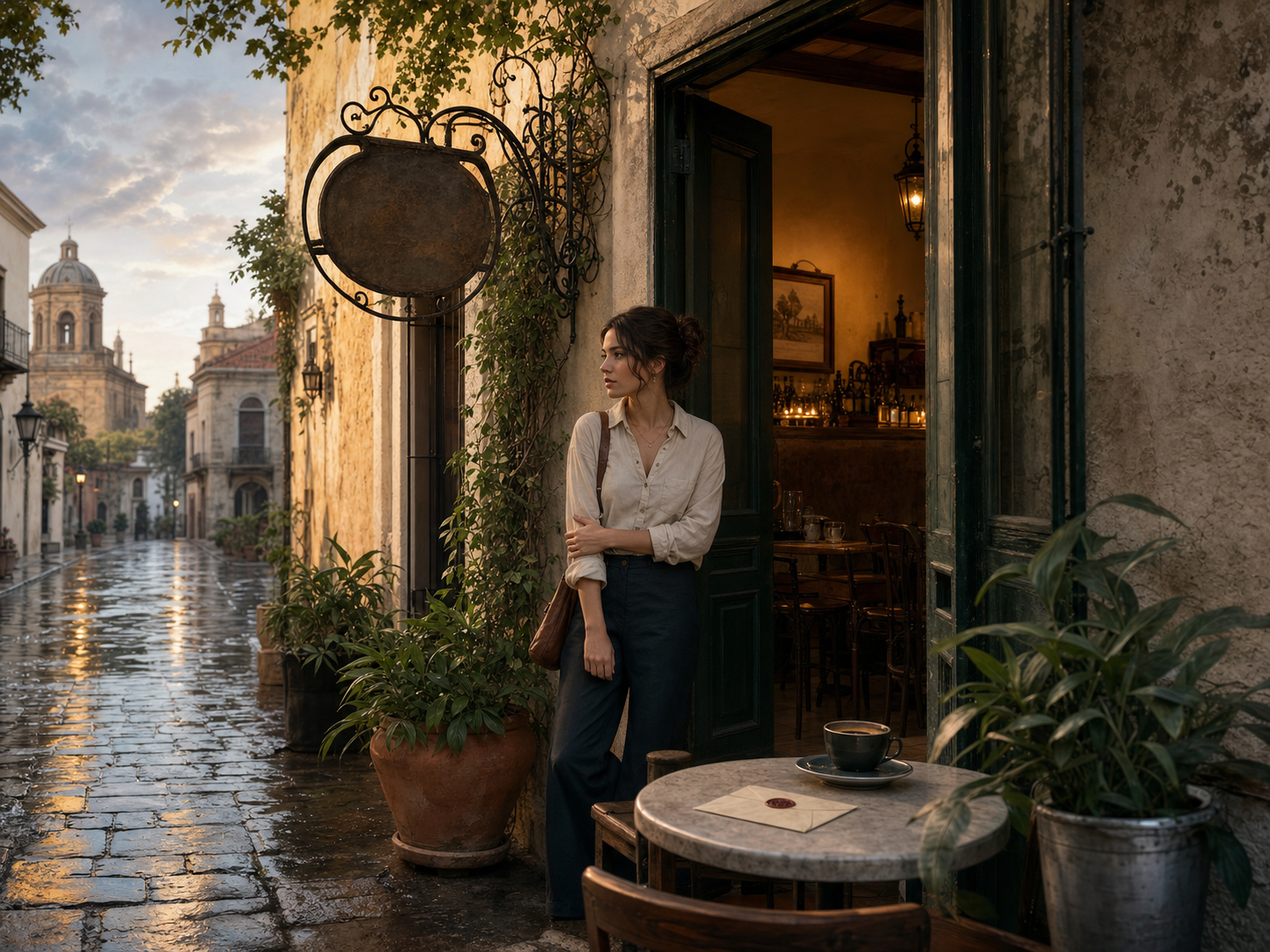 A rain-washed café street where a secret letter waits to be discovered.